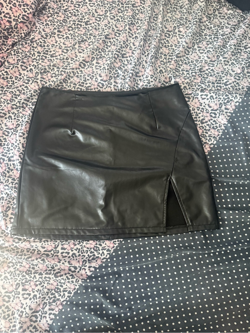 Rewash Black Faux Leather Mini Skirt with Front Slit